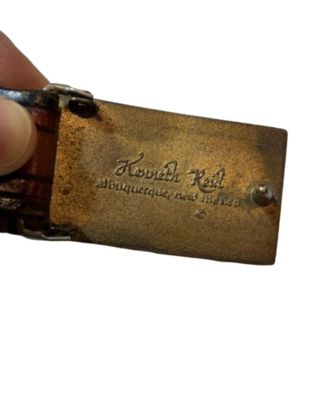 Kenneth Reid Vintage Leather Belt Wood Brass Buckle Albuquerque Southwest